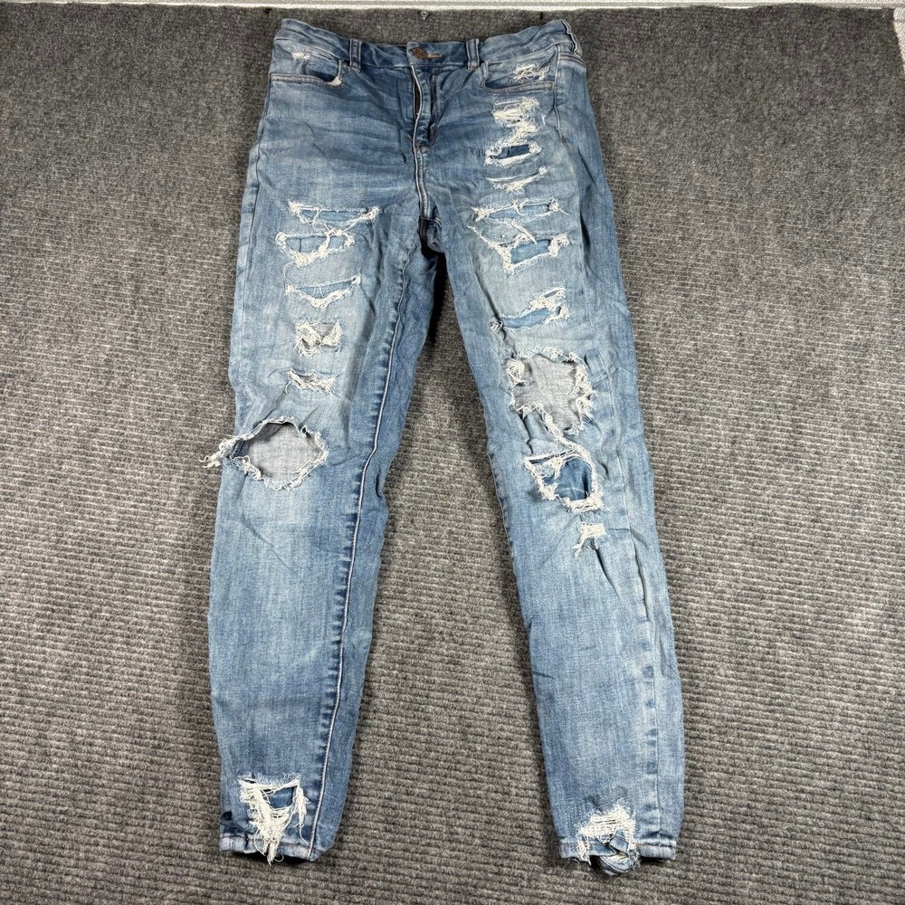 American Eagle Curvy Hi-Rise Jegging Womens 10 Blue Excellent Distressed Ripped
